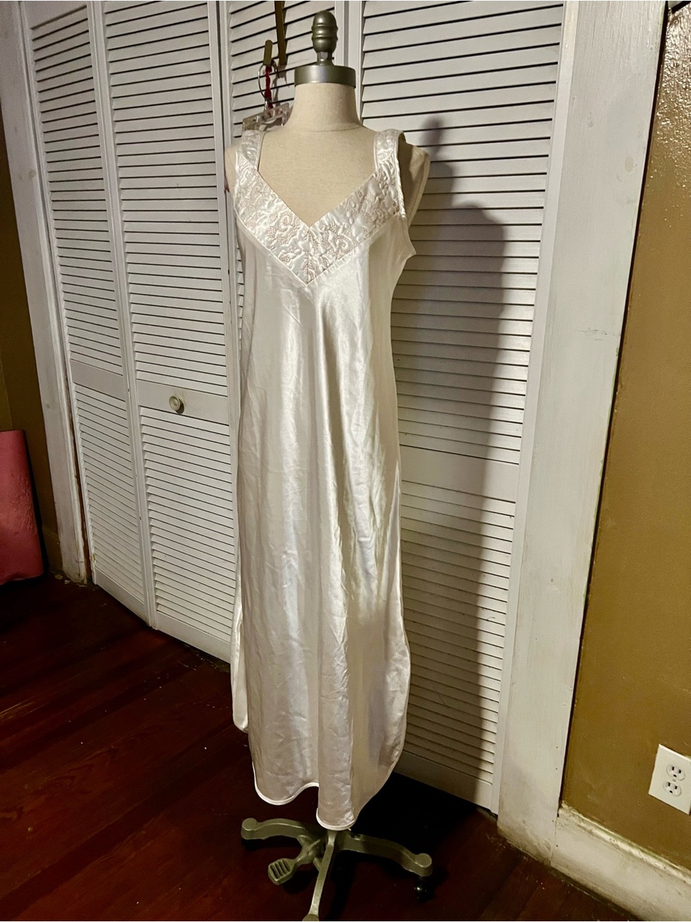 Neiman Marcus Ivory Satin Long Slip with Lace V-Neck